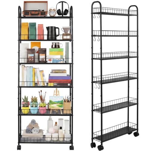 6-Tier Slim Rolling Storage Cart with Wheels, Tall Narrow Storage Shelves for Small Spaces, Metal Utility Cart Mobile Shelving Unit on Wheels for Kitchen, Bathroom, Office - size: 6 in Wide