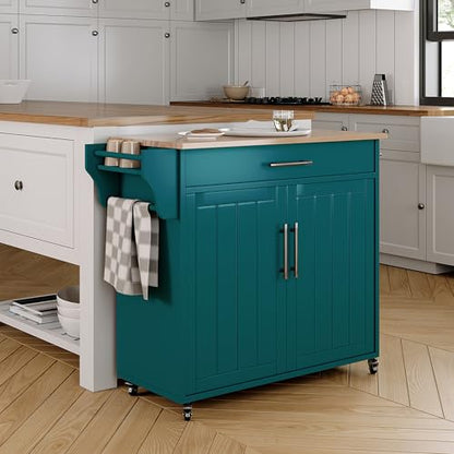 Kitchen Island with Storage, Wooden Countertop Rolling Kitchen Island On Wheels Storage Cabinet, Mobile Kitchen Island Cart with Towel Rack, Spice Rack and Drawers,Green - color: Green