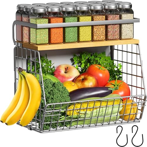 Ofiray-home Magnetic Fridge Shelf with Wood Lid, Fruit Potato Onion Storage Bins, Pantry Organizers, Large Container Spice Rack for Refrigerator, Kitchen Counter, Cabinet (1, Silver) - color: Silver-gray, size: 1-Regular
