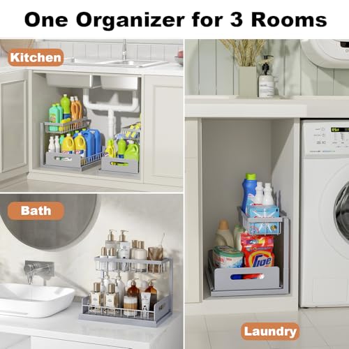 REALINN Under Sink Organizer, Pull Out Cabinet Organizer 2 Tier Slide Out Sink Shelf Cabinet Storage Shelves, Storage for Kitchen Bathroom, Grey, 2 Pack | For Kitchen and Bathroom, Slide Out Under Cabinet Storage, Metal Under Sink Storage with Sliding Dra