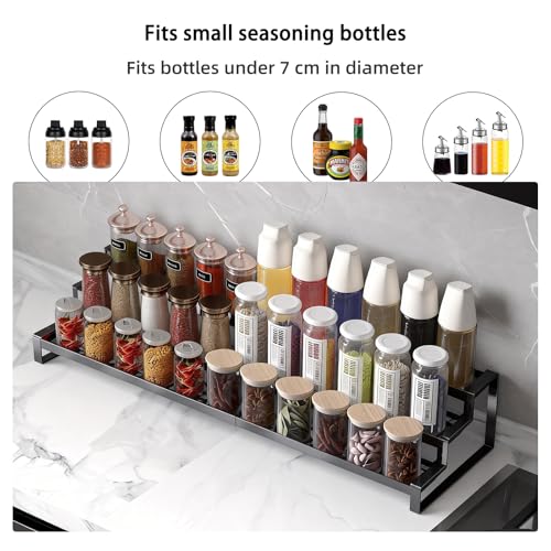 3 Tier Expandable Spice Rack Organizer, Heavy-Duty Black Metal Seasoning Organization Shelf for Cabinet, Kitchen & Pantry, Tiered Spice Shelf With Safety Lock, For Jars & Bottles, Countertop Storage