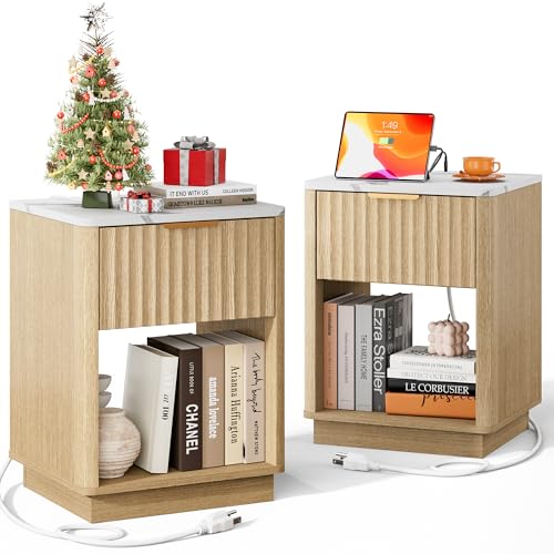 Fluted Nightstand, Night Stand Set 2, Nightstands Set of 2 with Charging Station and Faux Marble Top, Wooden End Table with Drawer, Modern Bedside Table for Bedroom Living Room, Natural Oak - color: Natural Oak + Faux Marble Top, size: 1 Drawer（18"W）