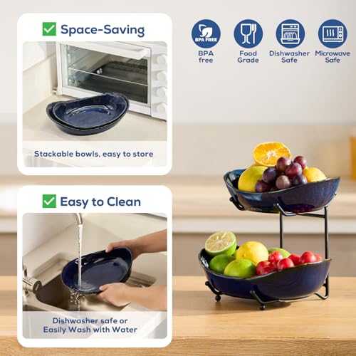 DUJUST 2 Tier Fruit Bowl, Kiln Altered Glaze Ceramic Fruit Stand, Stackable & Easy to Store, Multifunctional Serving Tray for Fruit/Vegetables/Snacks, Microwave & Dishwasher Safe - Dark Blue - color: 2-Tier Dark Blue
