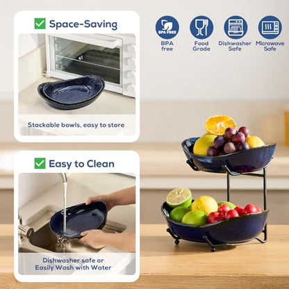 DUJUST 2 Tier Fruit Bowl, Kiln Altered Glaze Ceramic Fruit Stand, Stackable & Easy to Store, Multifunctional Serving Tray for Fruit/Vegetables/Snacks, Microwave & Dishwasher Safe - Dark Blue - color: 2-Tier Dark Blue