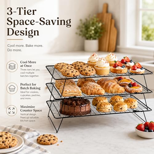 Cooling Rack 16"x10", 3-Tier Stackable & Collapsible Cooling Racks | Cooling Racks for Cooking and Baking, Roasting, Grilling, Oven & Dishwasher Safe (Black, 3-Tier) - color: Black, size: 3-Tier