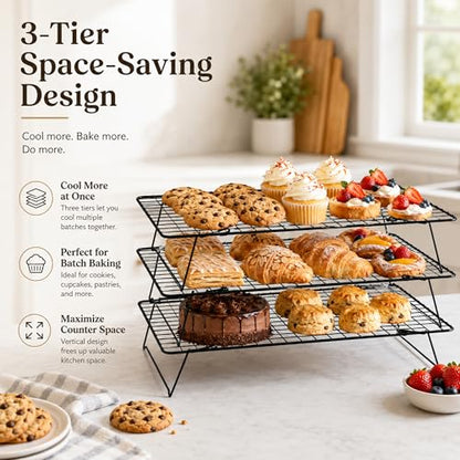 Cooling Rack 16"x10", 3-Tier Stackable & Collapsible Cooling Racks | Cooling Racks for Cooking and Baking, Roasting, Grilling, Oven & Dishwasher Safe (Black, 3-Tier) - color: Black, size: 3-Tier