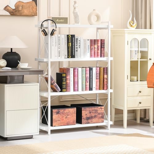 HCHQHS Bookshelf, 4-Tier Industrial Bookcase, White Open Book Shelf, Freestanding Tall Bookshelves with Metal Frame - color: Cloud White, size: 4-Tier (35.8"W x 51.2"H)