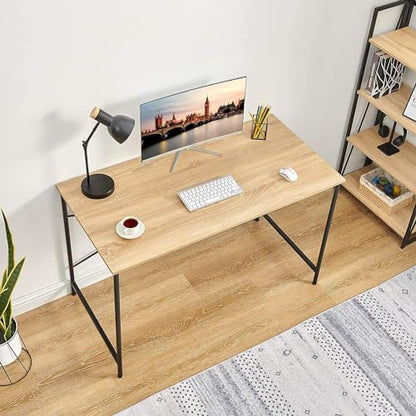 FurnitureR Computer Desk 42.7-Inch Home Office Desk Student Writing Desk with Metal Legs Wood Top Modern Simple Workstation for Small Rooms, 42.7 x 23.6 x 29.7 in, Oak and Black - color: Oak and Black