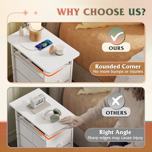 WLIVE Narrow Side Table with Charging Station, End Table with LED Lights,3 Fabric Drawers and Open Shelf, Bed Side Tables Living Room, Small Spaces, Bedroom, White - color: White, size: 3 Drawers