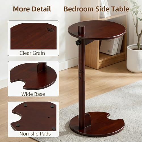 Bamboo Side Table for Sofa - Adjustable Height C Shaped End Tables for Small Spaces, Couch, Bedside, Living Room, 12.6x12.6x26 Inch TV Tray Round Stand for Drink, Snack, Coffee (Chestnut) - color: Chestnut