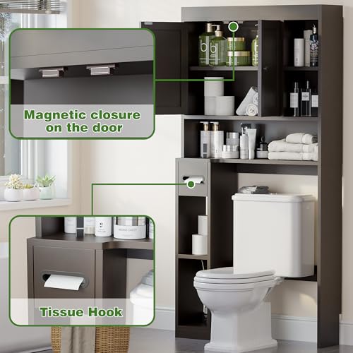 Over The Toilet Storage Cabinet with 7 Shelves, Imitation Walnut Grain Above Toilet Bathroom Organizer with Toilet Paper Holder Stand, Space Saver for Restroom, Laundry, Bathroom (Espresso) - color: Espresso