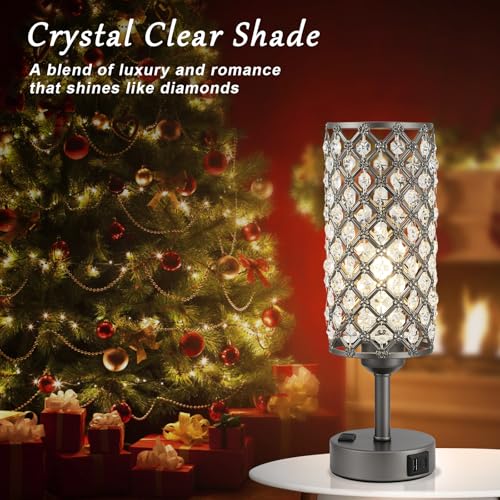Hong-in Gray Crystal Lamp Touch Control Set of 2, Crystal Table Lamps with USB C+A Ports & AC Outlet, 3-Way Dimmable Nightstand Touch Lamp, Modern Bedside Table Lamp for Bedroom(Bulbs Included) - color: Gray