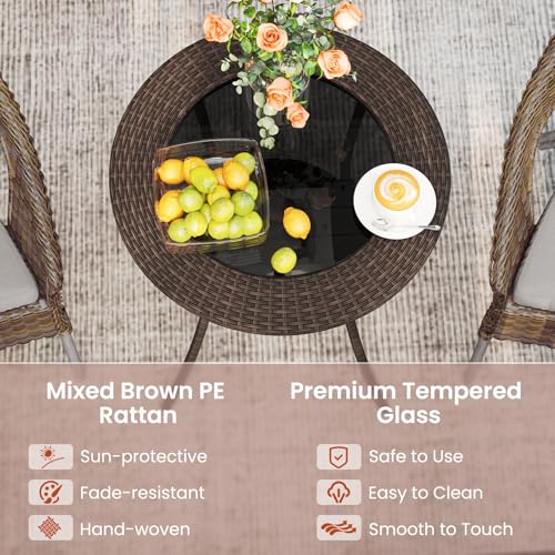 Tangkula 25.5" Wicker Patio Dining Table, Outdoor Round Bistro Side Table with Tempered Glass Top and Storage Shelf, for Balcony, Garden and Backyard