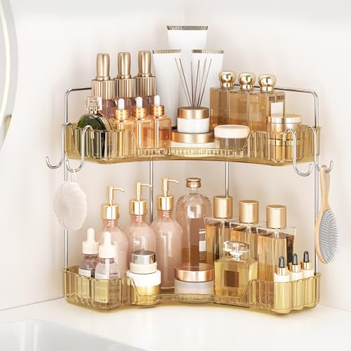 Corner Counter Organizer, 2 Tier Bathroom & Kitchen Storage Tray | PET Vanity Organizer Storage Countertop with Hooks for Skincare, Makeup & Jewelry, Gold - color: Gold, size: 2 Tier