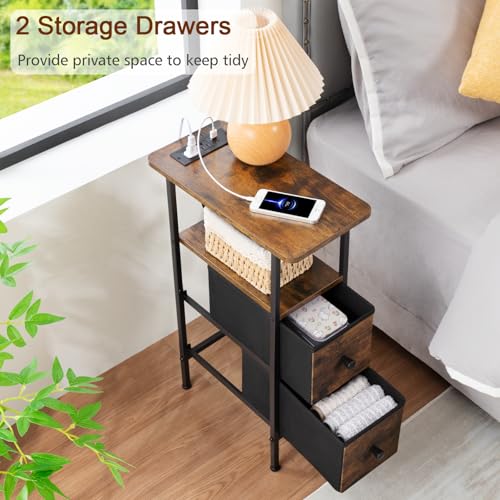 LOAKEKEL Narrow Nightstand with Charging Station, End Tables Living Room Set of 2, Skinny Side Table with Fabric Drawers, Slim Sofa Table for Bedroom, Small Spaces, Couch, Brown, HETNDP02BR - color: Rustic Brown + Black, style: Power