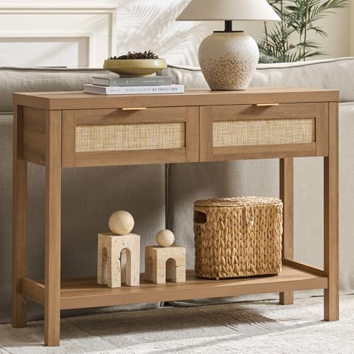 SICOTAS Rattan Console Table with Drawers, Boho Entryway Table Sofa Table | Entry Table With Storage Drawers, Hallway Table for Entryway, Sofa Table Behind Couch, Console Table for Living Room, Hallway - color: Reclaimed Caramel Oak, size: 1 Piece