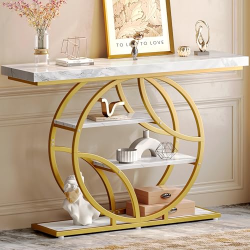 Huuger 47.2 Inch Entryway Table with Marble Top, Modern Console Sofa Table, Accent Table with Shelves, for Entry, Hallway, Entrance, Foyer, O-Shaped Metal Frame, White Marble & Gold - color: Marble Gold, size: 11.8"D x 47.2"W x 33.5"H