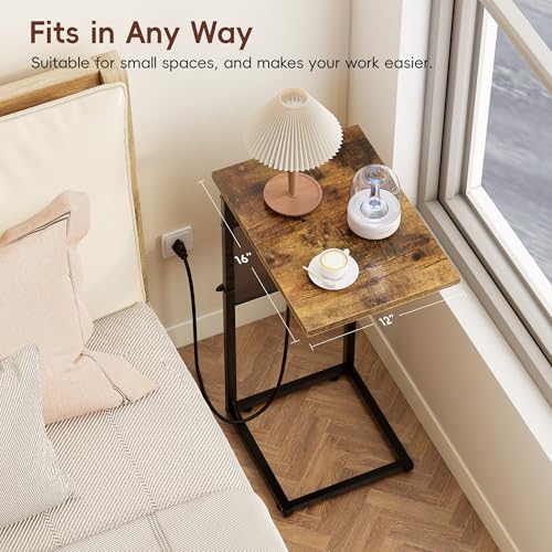 C-Shaped End Tables Set of 2 with Charging Station, 33'' Tall C Table Adjustable Height Side Table, Sofa Table for Couch, Couch Table that Slide Under Sofa, TV Trays for Living Room, Brown - color: 2pc Rustic Brown, style: With Plug