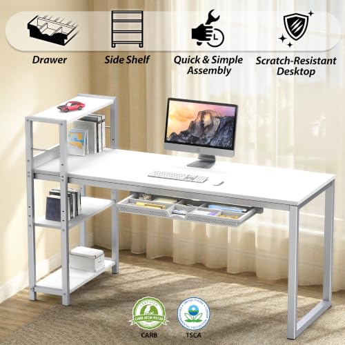 SHW 46-Inch Home Office Computer Desk w/Side Shelf & Drawer, White | w/ Reversible Adjustable Shelf | Drawer with adjustable compartments - color: White
