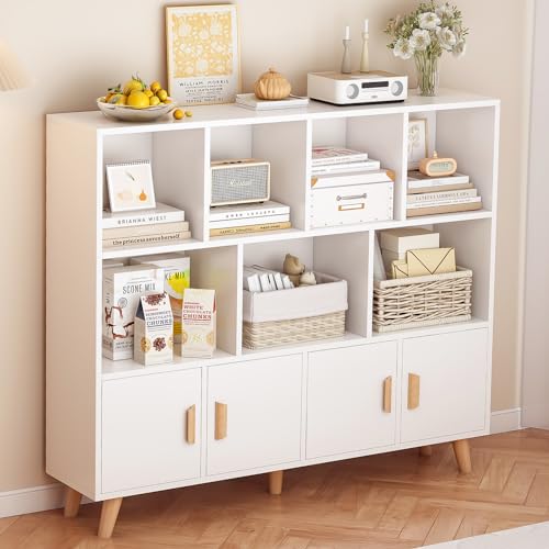OSCHF Cubby Shelf Bookcase with Doors - Wooden 11 Cube Floor Standing Open Bookshelf with Solid Wood Legs, 3-Tier Storage Cabinet, Warm White - color: Warm White