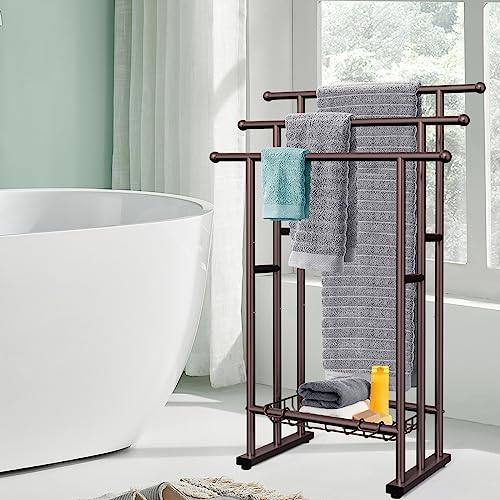 Kayfia 40'' Freestanding 3 Tier Alloy Steel Towel Rack with Storage Basket | Dual-Use Drying & Display Rack, Holds Oversized Bath Towels & Blankets, Fits Bathroom, Tub, Shower, Poolside, Bronze - color: Bronze
