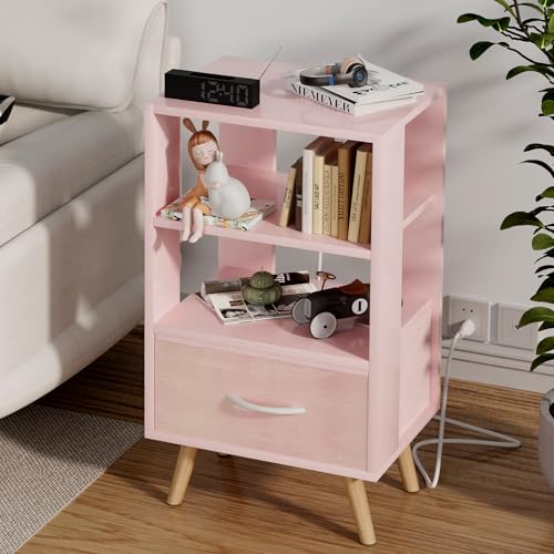Aenuert Night Stand with Charging Station, Pink Nightstand with Drawer, 3-Tier Wooden Bedside Table with USB Ports and Outlets, End Table for Small Space, Living Room, Bedroom - color: Pink, size: 3-Tier with Charging Station