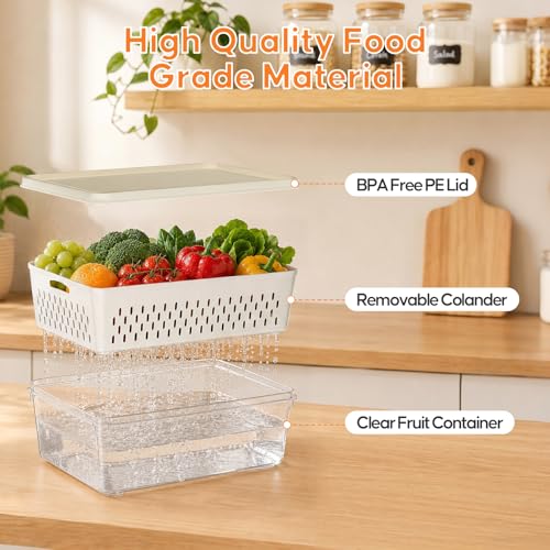 Fruit Storage Containers for Fridge, 4 Pack Plastic Food Storage Container | Fruit Containers Set with Removable Colander, Produce Saver Keep Berry Fruits Vegetables Meet Fresh Longer, Dishwasher Safe