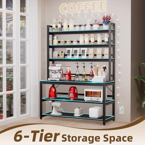 Aquzee Large Bakers Rack for Kitchens, 47in Wide (47.2“W x 15.7”D x 70.8" H) 6 Tiers Kitchen Stand with Hutch & Storage, Black Freestanding Tall Bakers Racks Organizer with Shelves - color: Black
