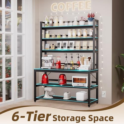 Aquzee Large Bakers Rack for Kitchens, 47in Wide (47.2“W x 15.7”D x 70.8" H) 6 Tiers Kitchen Stand with Hutch & Storage, Black Freestanding Tall Bakers Racks Organizer with Shelves - color: Black