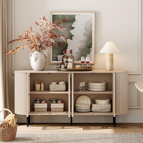 WAMPAT 64.4" Fluted TV Stand, Wood Entertainment Center for TVs Up to 70 inches, Curved Edge Media Console Table with Doors and Shelves for Living Room, Bedroom, Natural - color: Natural