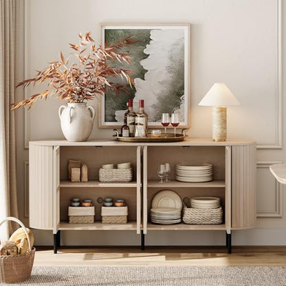 WAMPAT 64.4" Fluted TV Stand, Wood Entertainment Center for TVs Up to 70 inches, Curved Edge Media Console Table with Doors and Shelves for Living Room, Bedroom, Natural - color: Natural