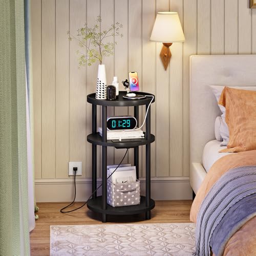 HOOBRO Set of 2 Small Round Side Tables with Charging Station, 3-Tier Round Bamboo End Tables, Easy Assembly, for Living Room, Bedroom, Apartment, Black BB152UBZP201 - color: Black