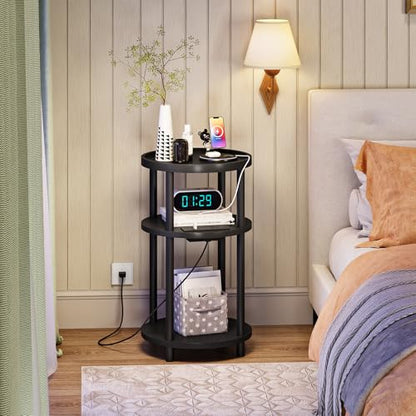 HOOBRO Set of 2 Small Round Side Tables with Charging Station, 3-Tier Round Bamboo End Tables, Easy Assembly, for Living Room, Bedroom, Apartment, Black BB152UBZP201 - color: Black