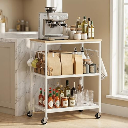 Homleke 3-Tier Rolling Kitchen Microwave Cart, Kitchen Utility Cart on Lockable Wheels, Coffee Bar Table Station with 6 S-Shaped Hooks, Small Appliance Storage Shelf, White and Natural KC40D - color: White and Natural, size: 3-Tier