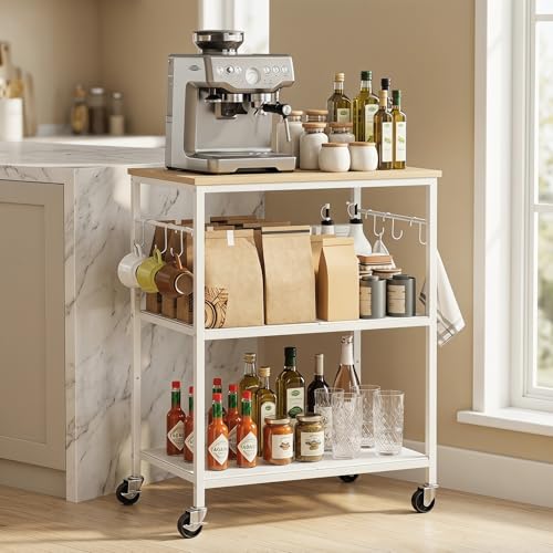 Homleke 3-Tier Rolling Kitchen Microwave Cart, Kitchen Utility Cart on Lockable Wheels, Coffee Bar Table Station with 6 S-Shaped Hooks, Small Appliance Storage Shelf, White and Natural KC40D - color: White and Natural, size: 3-Tier