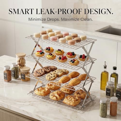 4-Tier Collapsible Cooling Rack for Baking | Adjustable Stackable Wire Rack for Cookies, Cakes & Roasting | Space-Saving Foldable Design for Small Kitchens & Camping (Silver) - color: Silver