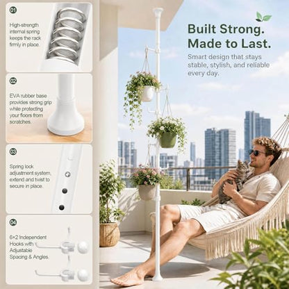 Coat Rack Freestanding, 56 to 125 inch Adjustable Tension Rod Coat Tree with 12 Hooks for Hanging Plant,Coat, Jacket, Hat, Scarf, Suitable for Living Room, Balcony, Kitchen White - color: White