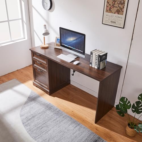 60" Farmhouse Executive Desk with Charging Station,Home Office Desk with 2 Drawers &1 File Cabinet,Wood Work Desk for Office and Home (Brown) - color: Brown