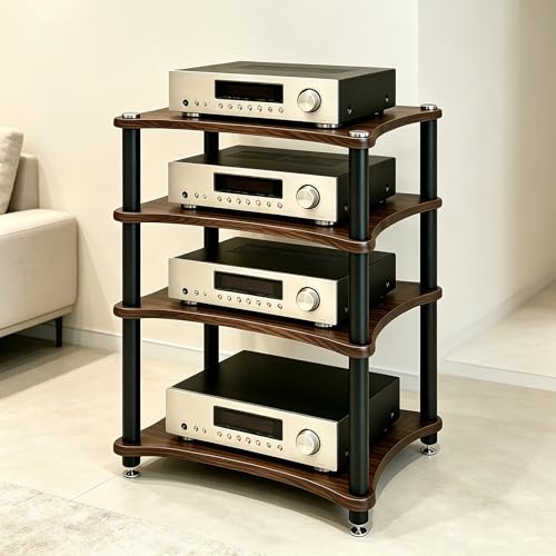 Heavy Duty 4-Tier AV Media Stand, 352 lb Load Capacity, Walnut | anti-vibration feet that help reduce resonance for clearer sound, open ventilation, cable management, Built for Hi-Fi systems - color: Black Walnut, size: 4 Tier
