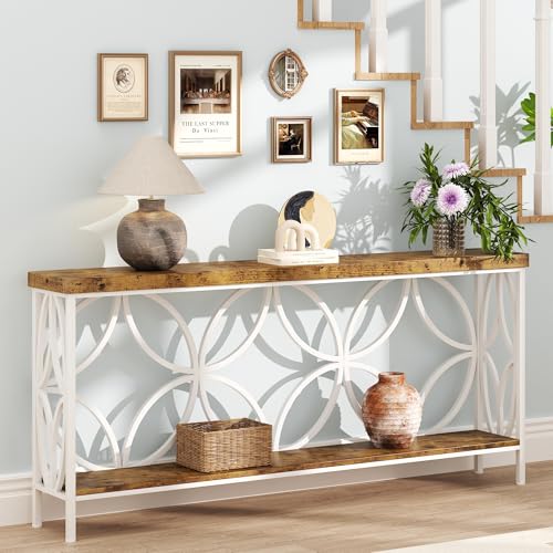 karlott 70.9 inch Extra Long Sofa Table, Industrial Console Table Behind Couch with 2 Tier Storage Shelf, Narrow Entryway Table for Entryway, Living Room, Foyer, Hallway, Unique Design, White - color: White