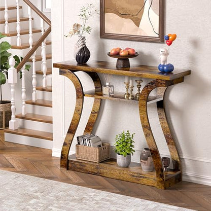 47" Narrow Console Table for Entryway, Wood Sofa Tables with 3-Tier Shelves | Curved Legs Farmhouse Hallway Table, Skinny Console Table Behind Couch, Wooden Entry Table for Living Room Rustic Brown - color: Rustic Brown