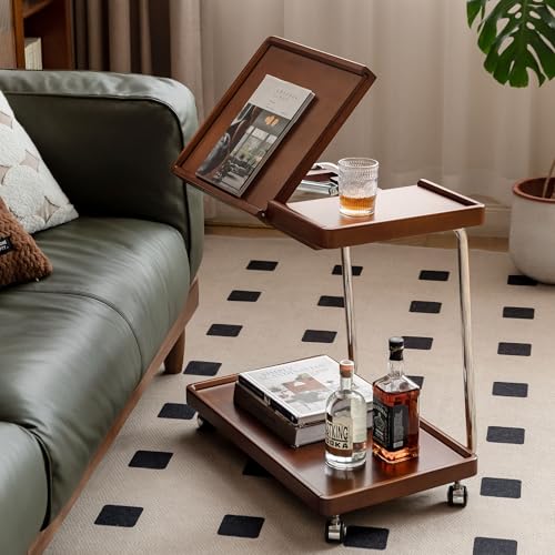 YESWOOD Adjustable C-Shaped Couch Table with Lockable Wheels – Rolling Small Space Side Table, Solid Wood End Table for Sofa, Bed & Living Room, (Teak,16.41" D x 24.4" W x 24.52" H) - color: Teak