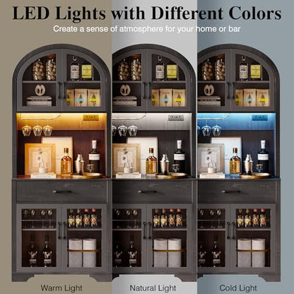 Arched Kitchen Pantry Storage Cabinet, Black Wooden Coffee Bar Cabinet with Drawers, Kitchen Hutch Dining Room Storage Cabinet with Charging Station and LED Light, Kitchen Hutch with Countertop - color: Black