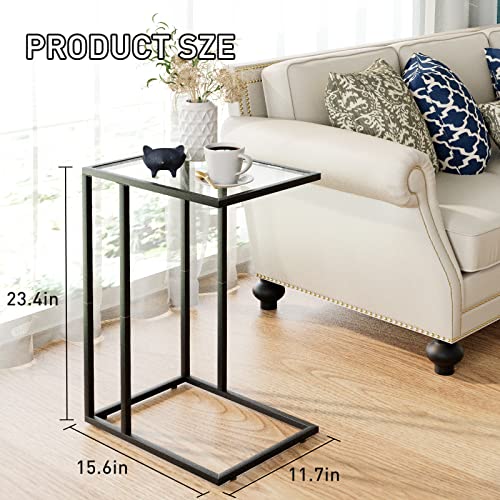 C Table Glass End Table, Couch Side Table, Tempered Glass Snack Side Table with Metal Frame, TV Tray Table for Small Space, Sofa Couch Side Tableand Bed Side Table(Black) - color: Black