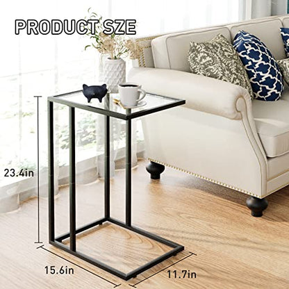 C Table Glass End Table, Couch Side Table, Tempered Glass Snack Side Table with Metal Frame, TV Tray Table for Small Space, Sofa Couch Side Tableand Bed Side Table(Black) - color: Black