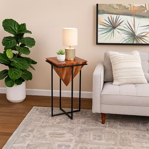 The Urban Port 30 Inch Pyramid Shape Wooden Side Table | Brown Finish, Cross Black Metal Base, Modern Accent End Table, For Living Room, Bedroom, Entryway, Lounge, Home Decor Display - size: 30-Inch
