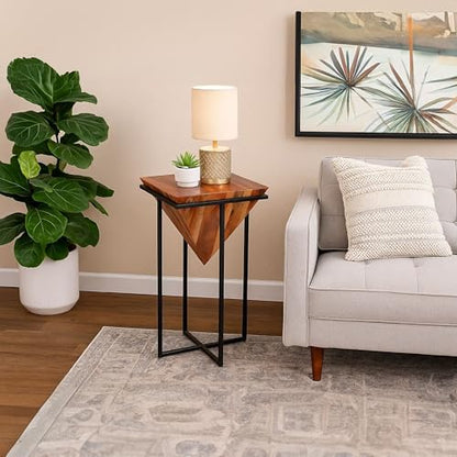 The Urban Port 30 Inch Pyramid Shape Wooden Side Table | Brown Finish, Cross Black Metal Base, Modern Accent End Table, For Living Room, Bedroom, Entryway, Lounge, Home Decor Display - size: 30-Inch