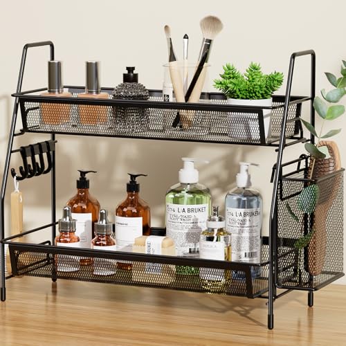 VITVITI 2-Tier Bathroom Organizer Countertop, Metal Wire Mesh Bathroom Counter Organizer Storage with Basket Hooks, Vanity Tray Shelf, Kitchen Spice Rack, Black - color: 2 Tier Large Black