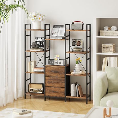AFLUI Triple Bookshelf with 3 Fabric Drawers, 4-Tier Book Shelf and 10 Display Shelves, Industrial Large Bookcase for Home & Office, Rustic Brown, 47'' Wide - color: Rustic Brown, size: 4 Tier(47" W)