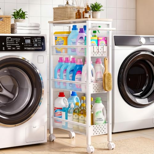 Utility Slim Rolling Storage Cart, 4-Tier Narrow Metal Organizer with Wood Top, 7.1" Width Utility Cart for Kitchen, Bathroom, Laundry Room, Small Spaces, White